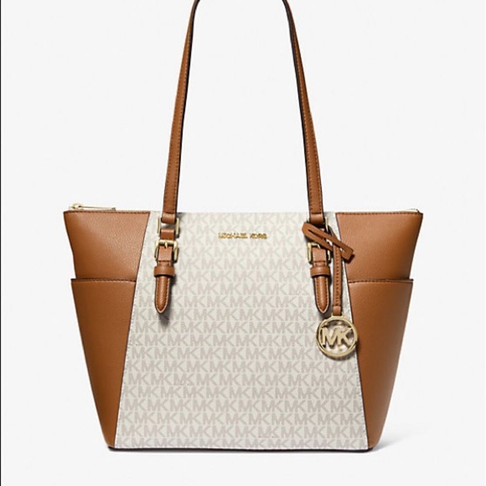 MICHAEL KORS Maddie large signature top zip tote handbag vanilla/brown NWT pkg‎